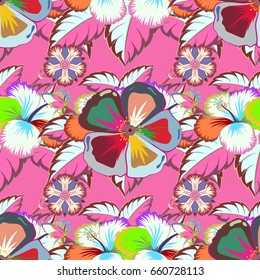 Seamless pattern with cute flowers in blue and pink colors. Vector illustration.