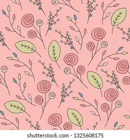 Seamless pattern with cute flowers and branches. Pattern with doodle roses in pink color.