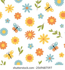 Seamless pattern with cute flowers, branches and butterflies on white background. Blooming season. Spring or summer childish print. Vector flat illustration for wallpaper, textile, packaging 