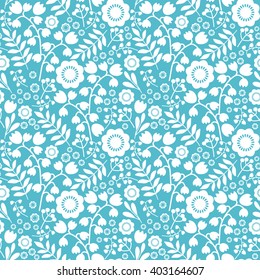 Seamless pattern with cute flowers and branches. Multipurpose design in blue shades for labels, tags, tissue and wrapping paper. Vector illustration.