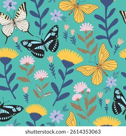 Seamless pattern with cute flowers and butterflies. Feminine romantic print for scrapbooking and textile. Vector illustration