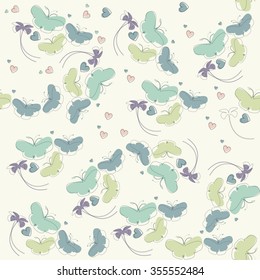 Seamless pattern with cute flowers , butterflies and hearts. Stylish pattern can be used for wallpaper, pattern fills, web page background, surface textures, linen, tile and more creative designs.