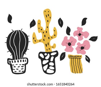 Seamless pattern with cute flowers and cactus in scandinavian design. For kids,nursery,wrapping or textile. Handdrawn style.Vector illustration