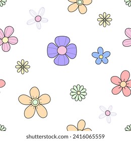 Nahtloses Muster mit süßen Blumen. Cartoon, Frühlingshintergrund. Vektorgrafik. für Umhüllungen, Tapeten, Textilien, Bekleidung