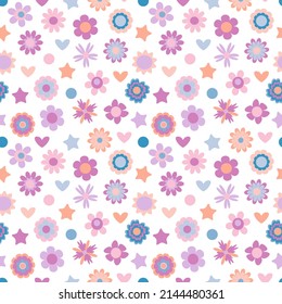 Seamless pattern with cute flowers, childish floral pattern in pastel colors, spring theme, vector