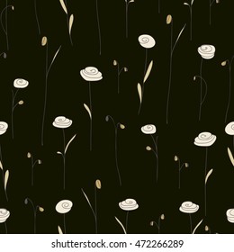 Seamless pattern with cute flowers. Dark background with stylized doodle roses. Elegant template for fashion prints. Vector illustration. Vintage floral backdrop for summer or spring design.