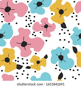 Seamless pattern with cute flowers and decorative elements in scandinavian design. For kids,nursery,wrapping or textile. Handdrawn style.Vector illustration