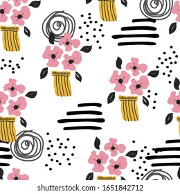 Nahtloses Muster mit süßen Blumen und dekorativen Elementen in skandinavischem Design. Für Kinder, Kindergarten, Umhüllung oder Textilien. Handgezeichneter Stil.Vektorillustration-Illustration