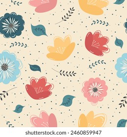 Seamless Pattern with Cute Flowers in Doodle Style. Background for Greeting Cards for International Women's Day, Valentine's Day, Mother's Day. Vector