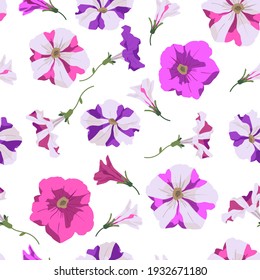 Seamless pattern in cute flowers. Floral pink and striped petunia background for textile, gift wrap, wallpaper, covers, print, decoupage, scrapbooking. Vector illustration