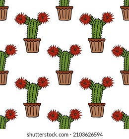 Seamless pattern with cute сacti and flowers in flower pots on white background. Doodle style. Vector image.