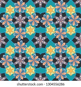 Seamless pattern with cute flowers in gray, blue and yellow colors. Beautiful vector texture. Spring vintage floral background.