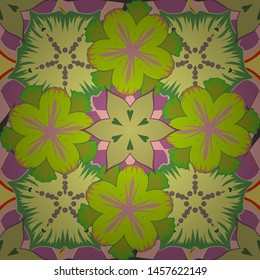 Seamless pattern with cute flowers in green, pink and yellow colors. Vector illustration.