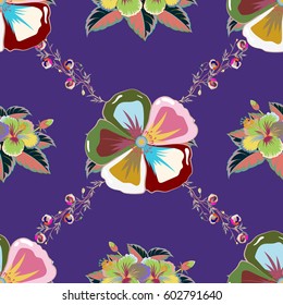 Seamless pattern with cute flowers in green and blue colors. Spring vintage floral background. Beautiful vector texture.
