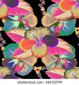 Seamless pattern with cute flowers in green and blue colors. Vector illustration.