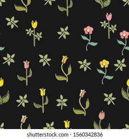 Seamless Pattern with Cute Flowers. Hand Drawn Scandinavian Style. Vector Illustration 