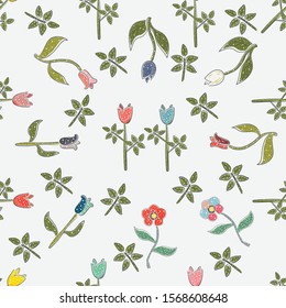 Seamless Pattern with Cute Flowers. Hand Drawn Scandinavian Style. Vector Illustration 