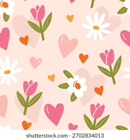 Um padrão perfeito com flores e corações bonitos. Um design floral de primavera para cartões de Dia dos Namorados, casamentos, cartões de saudação, tecidos, artigos de papel e têxteis.