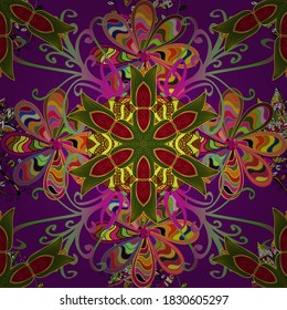 Seamless pattern with cute flowers and leaves on yellow, green and purple colors, watercolor floral pattern, tileable for wallpaper, card or fabric. Vector illustration.