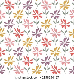 Seamless pattern of cute flowers and leaves. Colorful floral pattern on white background.