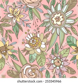 Seamless pattern of cute flowers and leaves in a cartoon style. Can be used for wallpaper, pattern fills, web page background, surface textures. Pink background, hand drawn flowers.