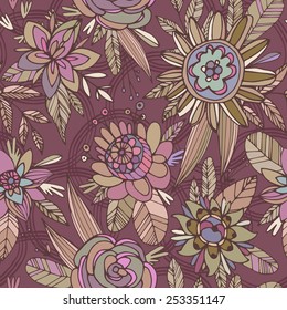 Seamless pattern of cute flowers and leaves in a cartoon style. Can be used for wallpaper, pattern fills, web page background, surface textures. Dark Crimson background, hand drawn flowers.