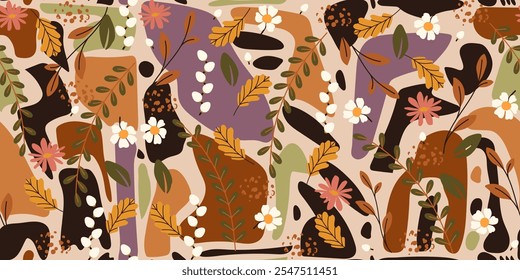 Patrón sin fisuras con lindas flores y hojas. Fondo con Formas voluminosas abstractas en colores vintage. Botánicos modernos de primavera. Perfecto para impresión, moda, cubiertas, cuadernos