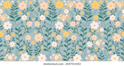 Patrón sin fisuras con lindas flores y hojas. Hermoso fondo con prado de primavera y colores vintage. Perfecto para impresión, moda, cubiertas, cuadernos