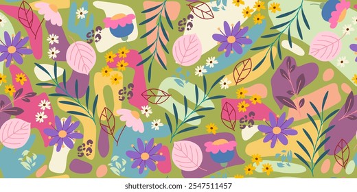 Patrón sin fisuras con lindas flores y hojas y Abstractas Formas pastel. Fondo desordenado de la naturaleza con botánicos modernos de primavera. Perfecto para impresión, moda, cubiertas, cuadernos