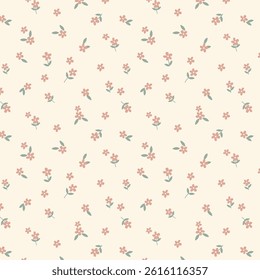 Seamless pattern with cute flowers and leaves in soft pastel colors. Retro print with small flowers, perfect for textiles, wallpaper, scrapbooking and surface design. Delicate vector floral background