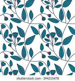 Seamless pattern with cute flowers and leaves on white background. Vector illustration. 