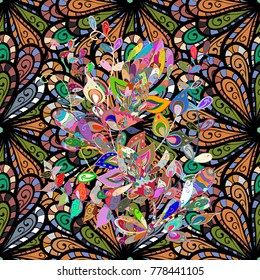 Seamless pattern with cute flowers and leaves on black, orange and green colors, watercolor floral pattern, tileable for wallpaper, card or fabric. Vector illustration.