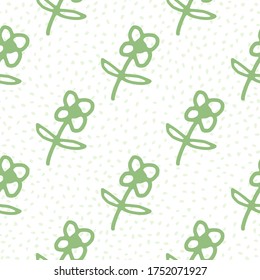 Seamless pattern with cute flowers on dots background. Simple style.  Abstract floral wallpaper. Decorative backdrop for fabric design, textile print, wrapping paper, cover. Vector illustration