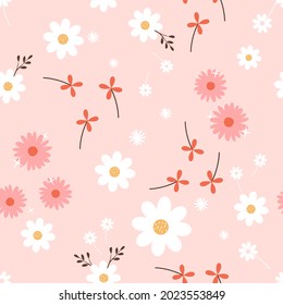 Seamless pattern with cute flowers on pink background vector illustration. 