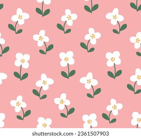 Seamless pattern of cute flowers on pink background