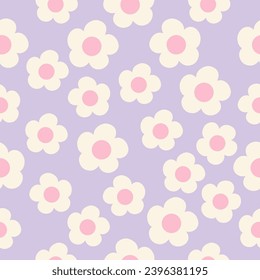 Seamless pattern with cute flowers on purple background. Hand drawn floral pattern for your fabric, summer background, wallpaper, backdrop, textile. Vector illustration