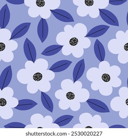 Seamless pattern with cute flowers on purple background. Hand drawn floral pattern for your fabric, summer background, wallpaper, backdrop, textile. Vector illustration