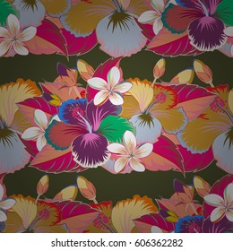 Seamless pattern with cute flowers in pink and green colors. Vector illustration.