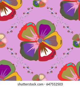 Seamless pattern with cute flowers in pink and blue colors. Vector illustration.