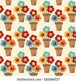 seamless pattern with cute flowers in a pot. vector illustration in retro style