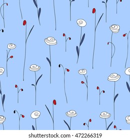 Seamless pattern with cute flowers. Purple blue background with stylized doodle roses. Elegant template for fashion prints. Vector illustration. Vintage floral backdrop for summer or spring design.