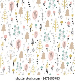Seamless pattern with cute flowers and trees in cartoon style