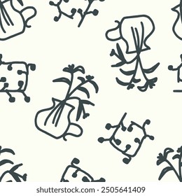Seamless pattern of cute flowers in a vase. Template for Notebook covers, pattern for wallpapers, textile etc. Doodle vector illustration. Childish naive art style