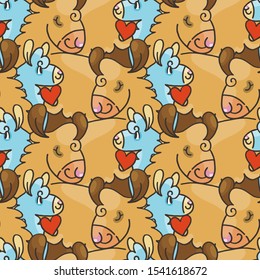 Seamless pattern cute fluffy alpacas. Funny smiling cozy animals. Cartoon character vector doodle illustration.