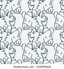 Seamless pattern cute fluffy alpacas. Funny smiling cozy animals. Cartoon character vector doodle illustration.