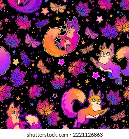 Seamless pattern with cute fluffy cats and autumn leaves