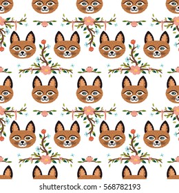 Seamless pattern with cute fluffy cats and flowers. Hand drawn funny kitten faces texture. Adorable animal print with floral elements. Vector cat art