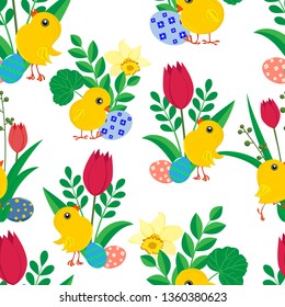 seamless pattern with cute fluffy Easter Chicks, bright colored eggs, spring daffodils and tulips on white background