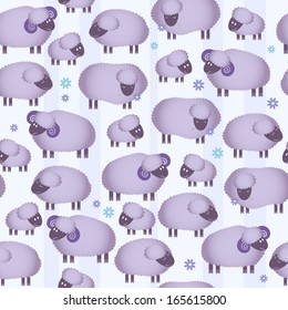 Seamless pattern with cute fluffy sheep in blue and pale purple.