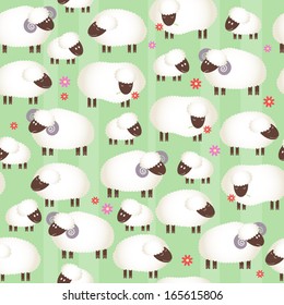 Seamless pattern with cute fluffy sheep on green background
